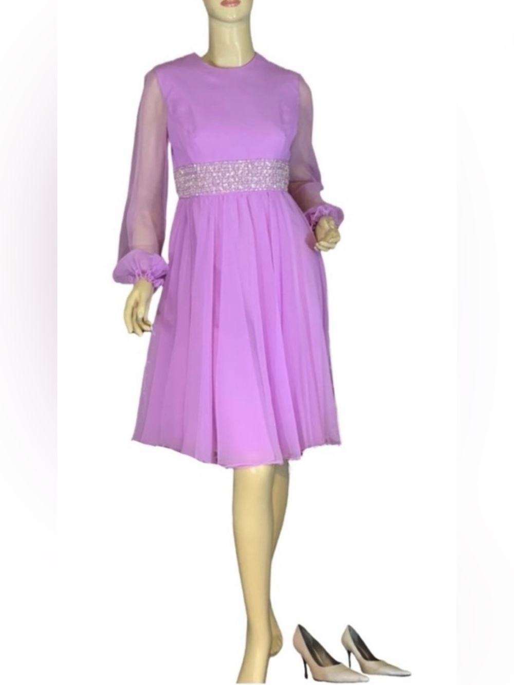 VINTAGE 1960'S JACK BRYAN BY DUPUIS ORCHID PURPLE CHIFFON BEADED COCKTAIL DRESS